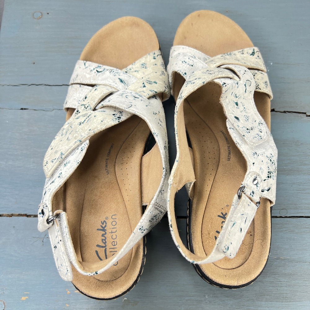 Clarks Collection Arla Glitz Wedge Sandals Cream Teal Floral Womens 9 - Picture 4 of 11